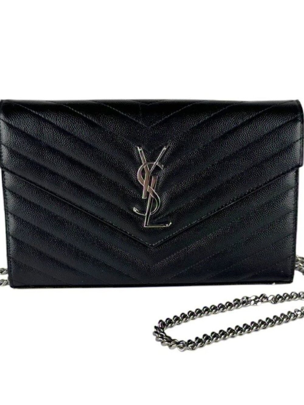 SAINT LAURENT Chain Wallet Crossbody Bag Black/Silver Leather/Metal